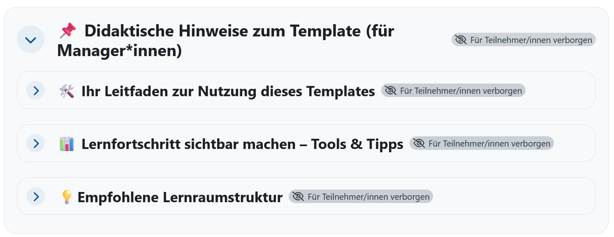 Screenshot eines Ausschnitts der Kursvorlage. Er zeigt beispielhaft einige Abschnittstitel wie "Didaktische Hinweise".
