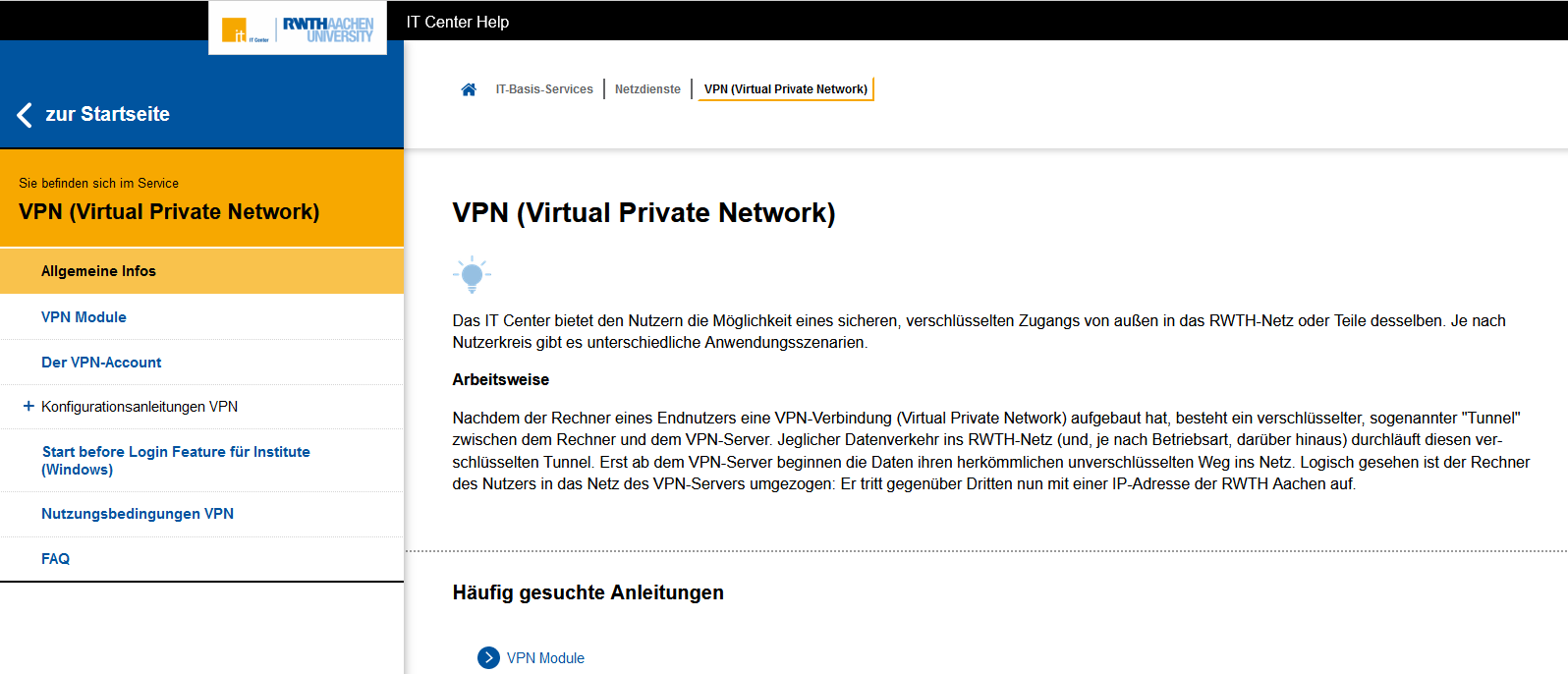 Screenshot der Webseite ITCenter Help zu VPN