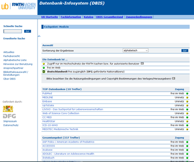 Screenshot Datenbank-Infosystem, Fachgebiet Medizin